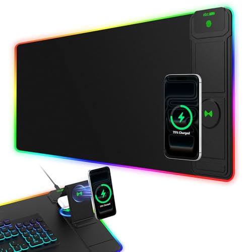 Image of XL RGB Gaming Mousepad, 25 Lighting Effects, 15W Fast Charging, Phone Stand | 31.5 inchx11.8 inch Extended Keyboard Mat Pad with Stitched Edges, Ultra-Smooth Waterproof Surface, Non-Slip Base