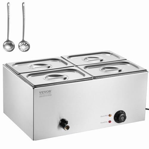 VEVOR kommerzieller Speisenwärmer 15L 4x1/4 Größe Speisebehälter, elektrische Warmhalteplatte, 1200 W Arbeitsplatte aus Edelstahl, Buffet-Bain-Marie, 30–85 °C Temperaturregelung für Gastronomie