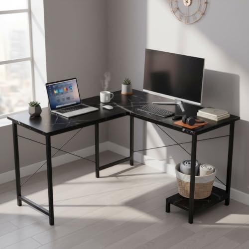 Image of RIZIK Store L-Shaped Computer Desk | 50-Inch Corner Gaming & Study Table with Engineered Wood Top, Metal Frame & CPU Shelf | Writing Workstation for Bedroom, Office & Small Rooms (Black)