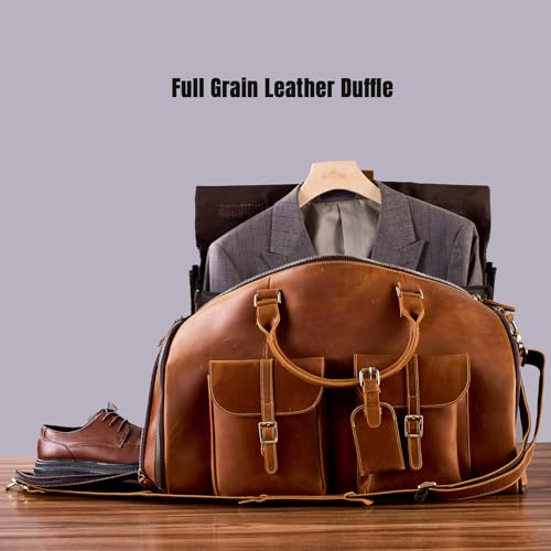 Agdhersnvx Genuine Leather Convertible Garment Bag With Shoes Compartment Full Grain Leather Carry On Duffle Bag Garment For Men Women Weekender Hanging Business Suitcase For Travel Suit Vintagebrown thumb #3