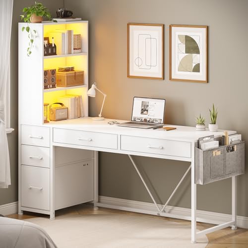 SEDETA Computer Desk with 5 Drawers and Bookshelf, Reversible Home Office Desk with Storage Shelves and File Drawer, Gaming Desk with LED Lights for Small Spaces, White - Thumbnail 7
