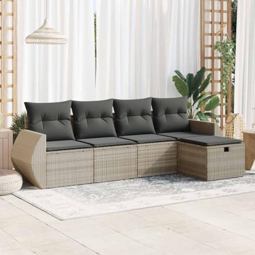 Homgoday Sofa de Jardin Sofa Exterior terraza Muebles Jardin Exterior Chill out Sofas Set de sofás jardín y Cojines 5 pzas ratán sintético Gris Claro con almacenaje Gris Claro