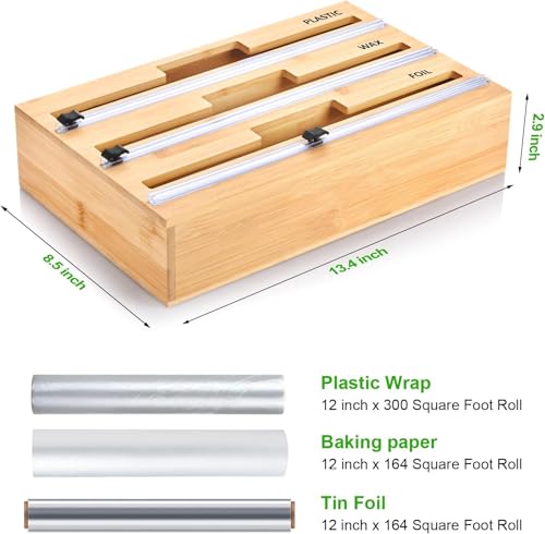 Image of DOCAT Foil Paper Cutter and Holder, 3 in 1 Aluminum Foil and Plastic Wrap Organizer for Drawer and Wall, Compatible with Cling Film, Tin Foil and Wax Paper (Bamboo)