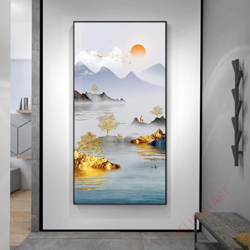 Peinture cerf doré style chinois moderne pour décoration salon et porche avec cadre 55x110 cm