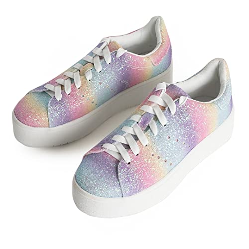 J. Adams Hero Platform Sneakers for Women - Casual Lace Up Fashion Tennis Shoes - Glitter - 7