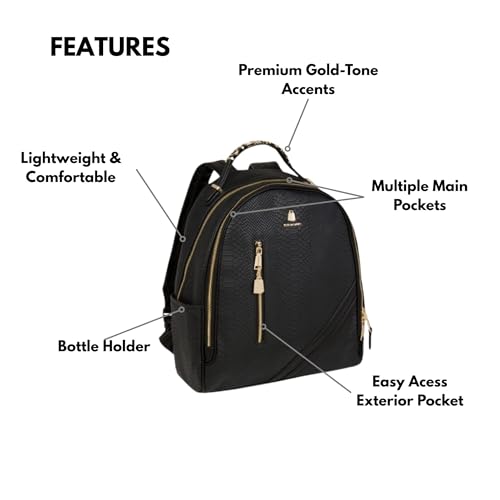 Image of Tote&Carry Apollo BFF Backpack for Women, Vegan Leather, Water-Resistant, Carry-On Luggage for Travel, Work & Daily Use (Snake Skin, Black)