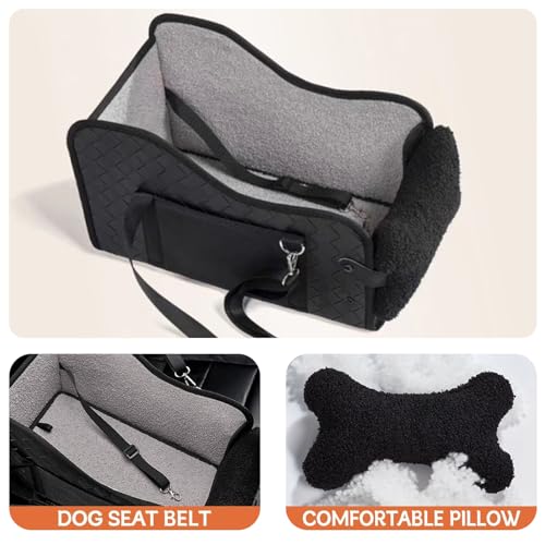 Hunde Autositz für kleine Hunde, Hundesitz Auto Mittelkonsole mit Sicherheitsgurt, Verstellbarem Weichen Kissen, Tragbarer Hundebett Auto für Kleine Haustiere