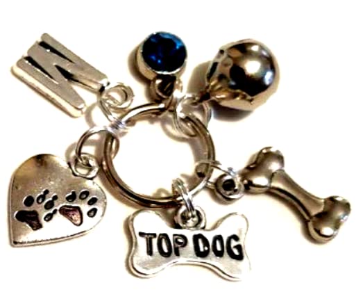 Silver Knight Personalised 'Top Dog' Pet Bling With Bell, Initial & Birthstone, Collar Charms, I Love My Dog, Dog Bone, Paw Print, Dog Jewelry, Jingle Bell