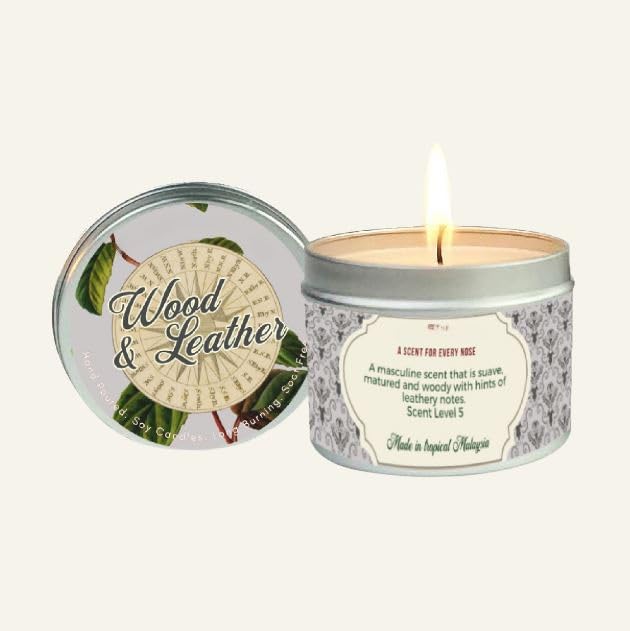 Wood & Leather - Refreshing & Revitalizing Travel Tin Scented Candle [9 Packs] Hand Poured, Long Burning, Soot Free, Eco Friendly, 3.88oz