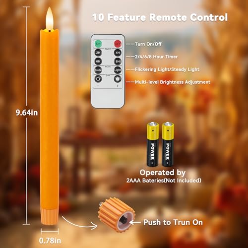 Image of 6 Pack Orange Flameless Taper Candles with Remote&Timer, Thanksgiving Battery Operated Candles with Flickering Wick, Fall Candlestick Harvest and Thanksgiving for Home Decor