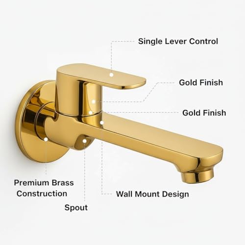 Image of Luxury Gold Finish Wall Mounted Basin Tap - Single Lever Mixer, Modern Brass Faucet for Bathroom & Wash Basin, Contemporary Design, Durable & Rust Resistant, Easy Installation
