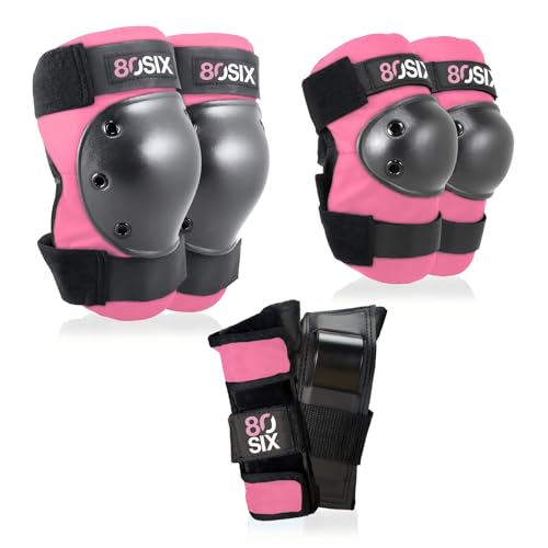 80SIX Kids & Adults Knee Pads Elbow Pads Wrist Guards 6 in 1 Protective Gear Set for Skateboard Bike Motorbike Scooter Roller Skates Inline Skates & BMX Bike Multi-Sport Pink S/M