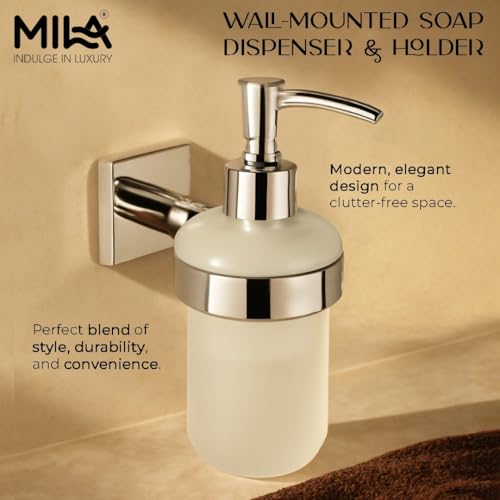 Image of Mila Floro Soap Dispenser | Premium SS304 Wall Mounted Liquid Holder with Frosted Glass Dispenser | Chrome Finish Soap & Lotion Pump for Bathroom, Kitchen & Wash Basin
