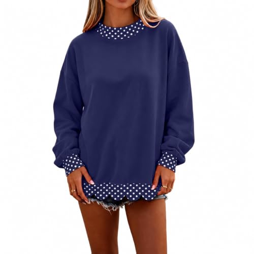Mock Neck Sweatshirt Women Scalloped Edge Patchwork Polka Dot Pullover - image 1