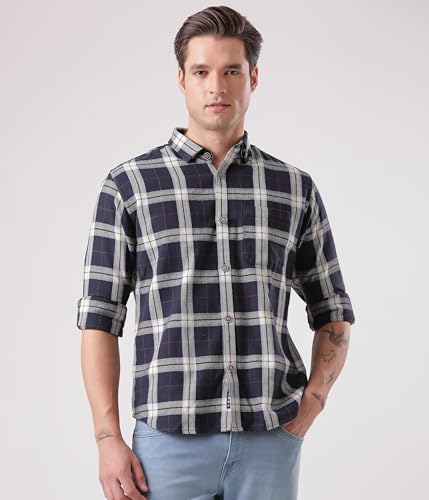 Image of TURMS Men's Casual Checks Shirts, Odor Control, Moisture Wicking, Button Down Collar, Cool Tech Cotton Fabric, Tailored Fit, Full Sleeve