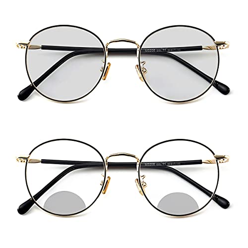 Melrose Transition Photochromic round Frame Bifocal Reading Glasses For Men Women Clear Sunglasses Readers UV400 (black gold, 2.25)