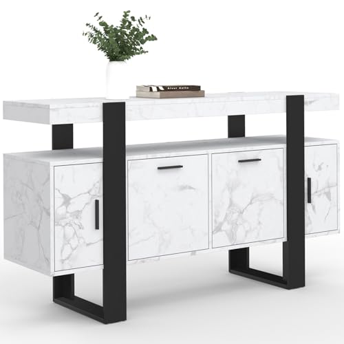 IDMarket Phoenix - Aparador (140 cm, 4 puertas, efecto mármol, blanco Alaska y negro