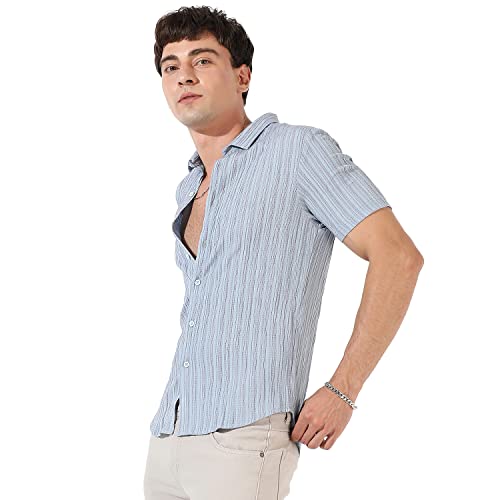 Image of CAHOOT Men's Button Up Shirt for Casual Wear | Regular Fit | Poly Lycra Shirt Crafted with Short Sleeve & Enhanced Stretch Comfort Fit for Everyday Wear