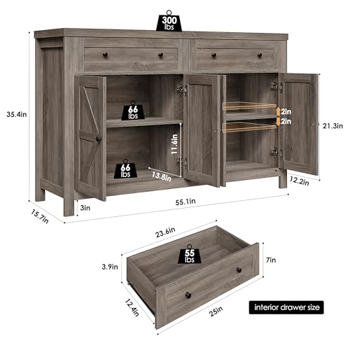 HOSTACK 55" Buffet Sideboard Cabinet with Storage, Modern Farmhouse Coffee Bar with Drawers and Shelves, Barn Door Storage Cabinet for Kitchen, Living Room, Ash Grey
