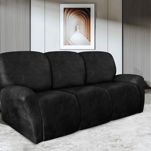 Image of ANARACHON Recliner Couch Cover Leather Look Recliner Sofa Covers for 3 Cushion Reclining Sofa Slipcovers 8-Pieces Furniture Protector Spandex Fabric Washable (3 Seater, 02 Black)