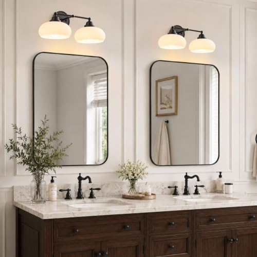 Image of Vintage Milk Glass Wall Sconce,2 Lights Matte Black Bathroom Vanity Light | Mid Century Modern Black Bathroom Sconce over Mirror,Milk White Glass Wall Lights Decor Lamp for Bedroom Living Room Hallway