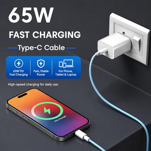 Image of Sounce 65W USB-C to USB-C Braided Cable 1.5M | PD & PPS Fast Charging & High Speed Data Sync | Tangle Free | Compatible with All Type-C Enabled Devices | Blue