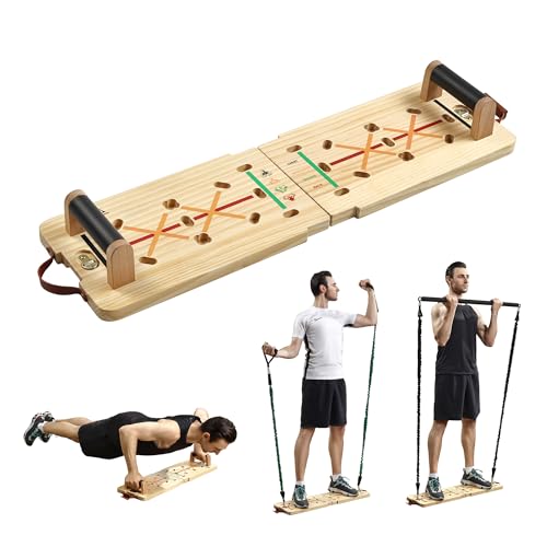 Vimexciter Solid Wooden Push Up Board Kit with Pilate Bar, Resistance Bands Sets and Handles, Multi-Function Foldable Push up Stands for Men and Women, Full Body Workout Equipment for Home Gym
