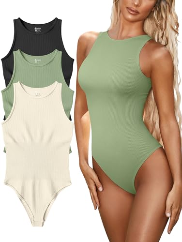 Image of OQQ Women's 3 Piece Bodysuits Sexy Ribbed One Piece Sleeveless Halter Neck Bodysuits Black Pea green Beige, Medium