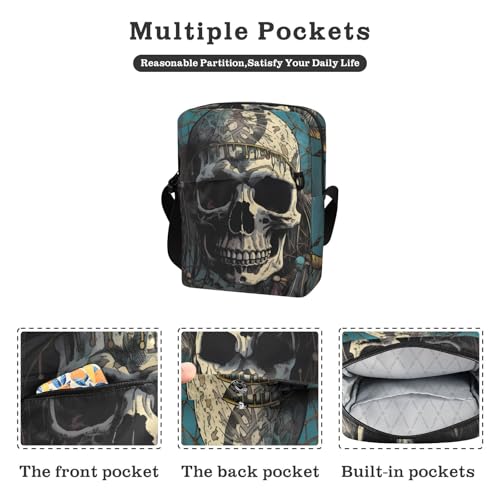 Crossbody Sling Bag for Women Men, Zipper Closure Messenger Bags Skull Dreamcatcher Print with Card Phone Passport Compartment 6.6×9.4×2.5 IN2