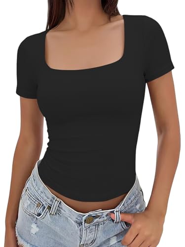 Cuptacc Tshirt Damen Kurzarm U Ausschnitt Komfort Oberteile Slim Fit Stretch Shirt Basic T-Shirt Casual Einfarbig Leicht Eng Crop Top Schwarz M Mittel