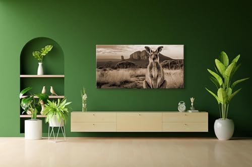 Leinwandbild Känguru vor Outback-Kulisse – wild und wunderbar Panorama 100x50cm Effekt: Sepia XXL Wandbild auf Keilrahmen/Kunstdruck/Bild Wohnzimmer Dekoration