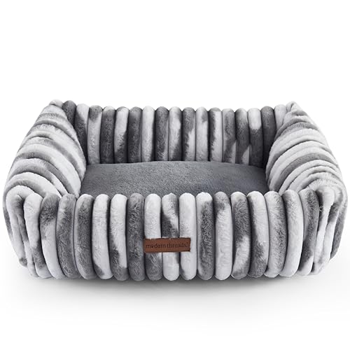 Image of Modern Threads Ribbed Plush Two-Tone Cuddler Dog Bed, Ultra-Soft Faux Rabbit Fur, Supportive Bolstered Sides, Removable Washable Cover, Bed for Medium Dogs, Silver, (28 inch L x 21 inch W x 9 inch Th)