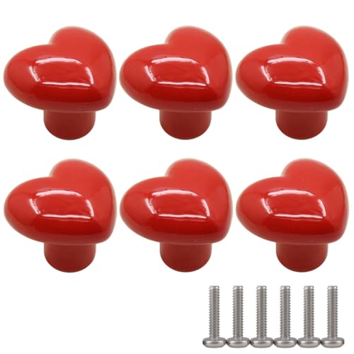 ZESLIV Lot de 6 boutons de meubles en céramique en forme de cœur Bouton de tiroir Bouton de porte d'armoire Bouton de meuble pour chambre d'enfant Rouge