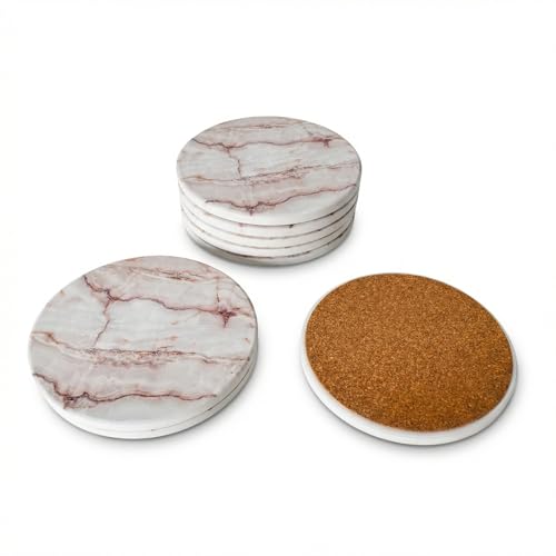 8 Pezzi Sottobicchieri in Ceramica,Design in Marmo Elegante, Diametro 10CM Con Fondo in Sughero Antigraffio Perfetti per Casa, Cucina, Regalo Decorazione Bianco