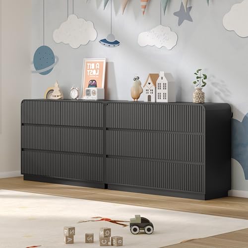 Image of BORNOON Dresser for Bedroom with 6 Drawers, Fluted Chest of Drawers with Round Curved Corner, Hidden Handles, Modern Wood Storage Organizer for Bedroom, Nursery, Living Room