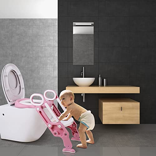 Toilettensitz Kinder mit Treppe, Stabilen Rutschfesten Breiten Pedalen und Weichem PU Kissen, Klappbar Kinder WC Sitz mit Rutschfest Leiter, HöHenverstellbar 38-42cm Rose - Image 8