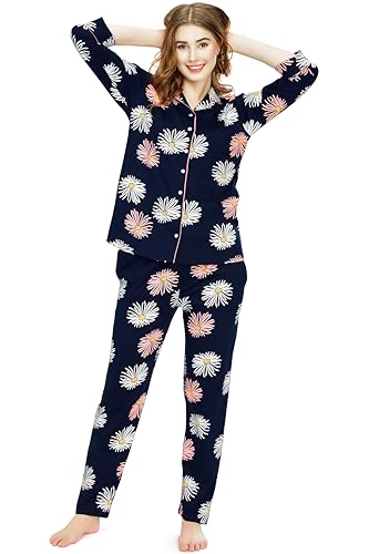 Image of ZEYO Night Suit for Women's Floral Printed Cotton Night Dress of Shirt and Pajama Set 5766