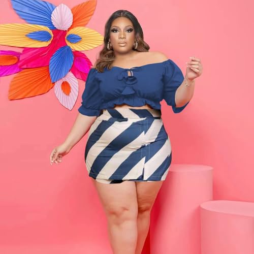 Image of Women Plus Size Skirt Two Piece Outfit Short Sleeve Off The Shoulder Crop Top shorts Dress Suit Set