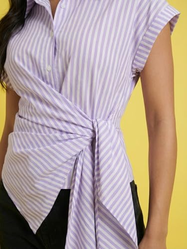 Image of Wrap Style Striped Women Cotton Shirt Drop Shoulder Casual Wear