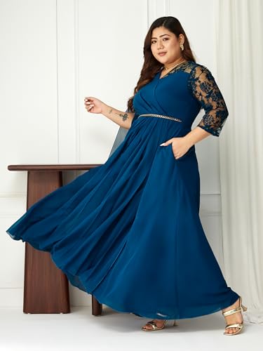 Image of Miss Chase A+ Women's Floral Printed Relaxed Fit V -Neck 3 /4Th Sleeve Georgette Maxi Dress