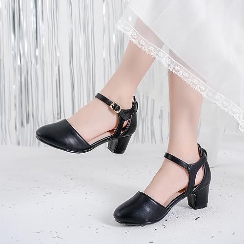 Image of LAURMOSA Girls Dress Shoes Closed Toe Pumps High Heels for Little Big Kid | Flower Shoes for Girls, 1.75-inch Chunky Heel, Ankle Strap, Closed Toe, Wedding, Party, Church, Graduation, First Communion
