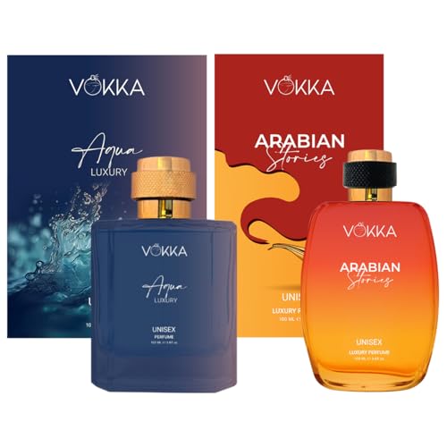 Image of VOKKA Aqua & Arabian Stories 200 ml | Pack of 2 x 100ml Unisex Luxury Long Lasting Perfume Gift Set For Men And Women | Aquatic & Fruity Musky Eau De Parfum | Notes: Aqua, Fruity, Musky