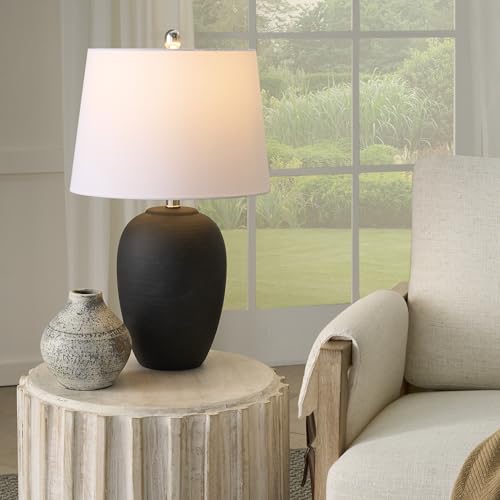 Image of Nourison Home 23 inch Black Vintage Distressed Ceramic Pot Table Lamp for Bedroom, Living Room, End Table, with White Tapered Drum Shade