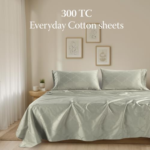 Image of Threadmill 300 Thread Count Cotton Full Sheet Set, Sateen, Damask, Sage | 100% Cotton, Sateen Weave, Damask Pattern, 4-Piece Set, 16 inch Deep Pocket, Cooling, Fade-Resistant, OEKO-TEX Certified