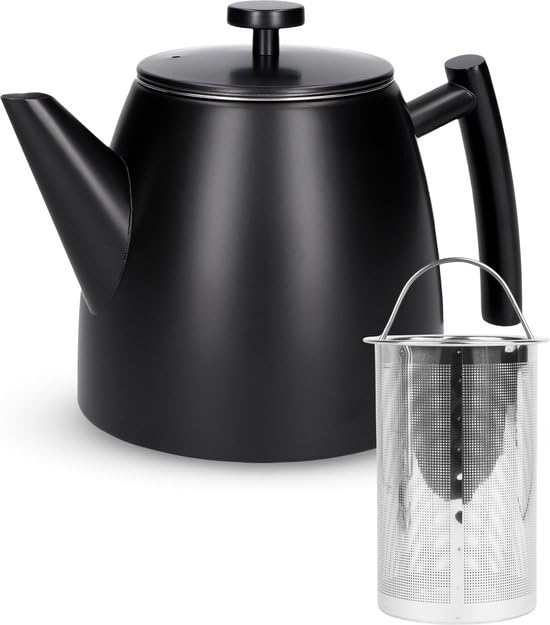 Castagnola Teekanne mit Filter | Teekanne | Teekanne doppelwandig | Teekanne Edelstahl | Hochwertiger Edelstahl | 1 Liter | 5 Tassen Tee (Schwarz, rundes design)