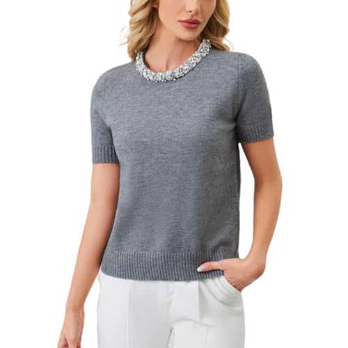 Aperlamiri Women's Knitted Short Sleeve Classic Fit Dressy Spring Outfit Crytals Round Neck Sweater Top