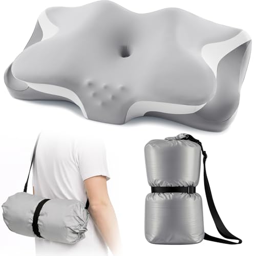 Image of Camping Pillow with Hand-Rolled Vacuum Bag, Cooling Cervical Pillow for Sleeping, Ergonomic Memory Foam Pillows for Indoor & Outdoor,Portable Neck Support Pillow for Side Back Stomach Sleepers