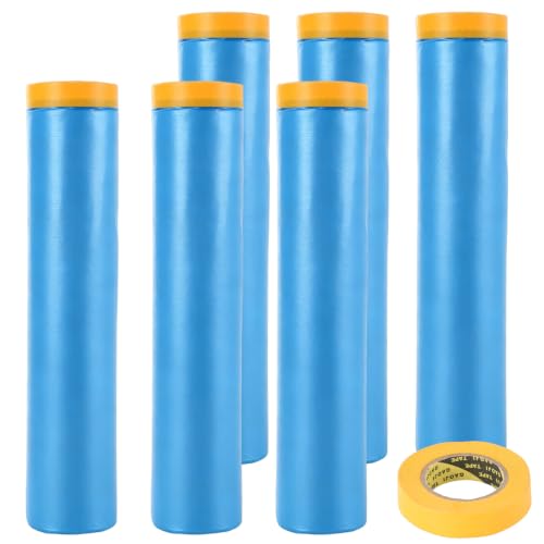 Image of 6 Rolls 71 inch x 66' Pre-Taped Masking Film, Painters Plastic Sheet, Plastic Drop Cloth for Painting, Tape and Drape for Automotive Covering and Appliance Protection