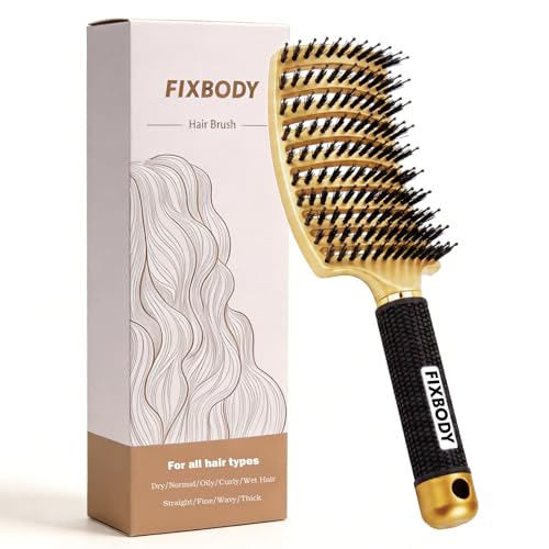 FIXBODY Boar Bristle Hair Brush - Curved & Vented & Oversize Design Detangling Hair Brush for Women Long, Thick, Curly and Tangled Hair Blow Drying Brush (Gold)