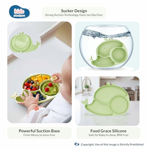 Image of Kids Station Whale Design 8-Piece Silicone Feeding Set for Babies | BPA-Free, Suction Bowl, Plate, Spoon, Fork, Bib, Cup & Straw - Dishwasher Safe | Ideal for Infants & Toddlers (Pack of 8, Green)